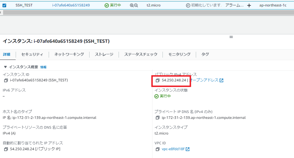 インスタンスを選択し、パブリックIPアドレスをコピーする