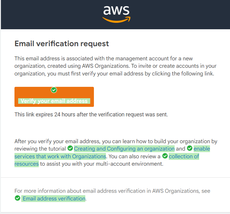 AWSアカウント作成の承認メールのキャプチャー画面