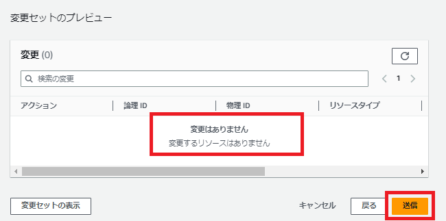 マネジメントコンソールで変更セットで変更がないことを確認する