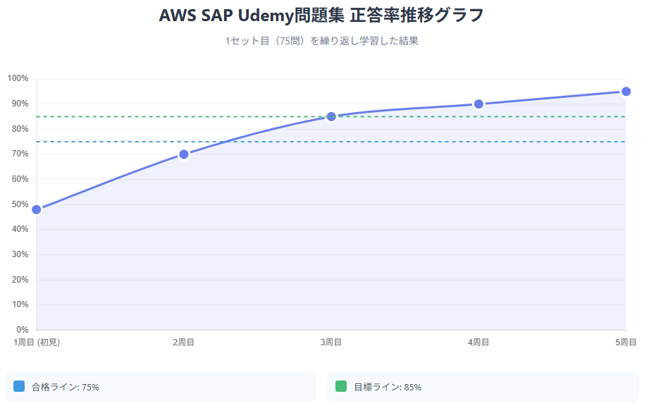 正答率推移グラフ
横軸:周回数、縦軸:正答率のグラフ。1セット目の1周目50%→2周目70%→3周目85%という推移を示す