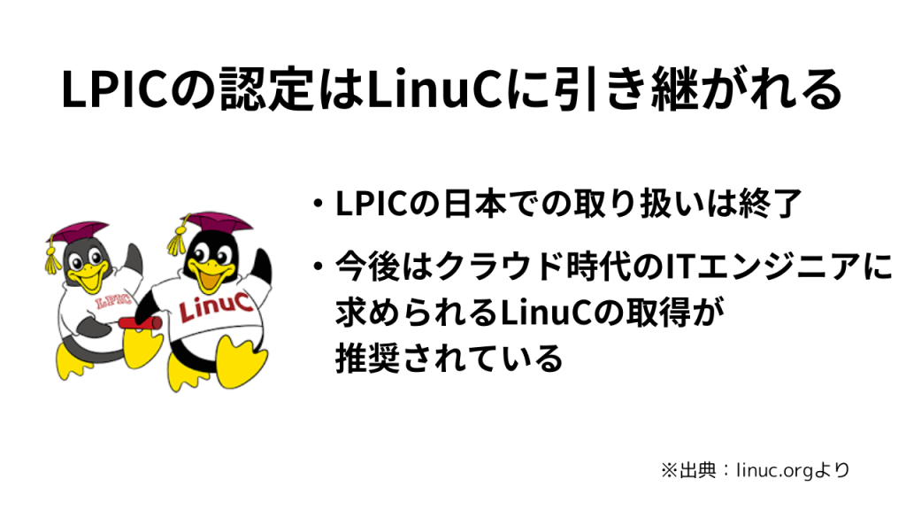 LinuCとLPICの違い説明。LinuCはLPICの後継となる説明。