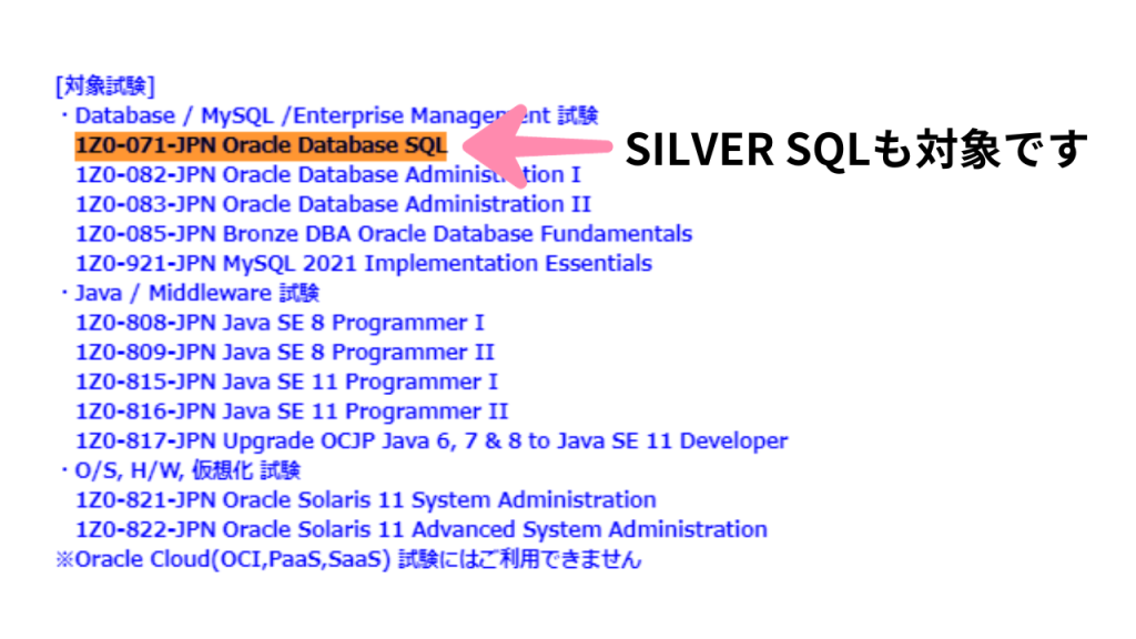 受験チケットの対象試験（SILVER SQLも対象）