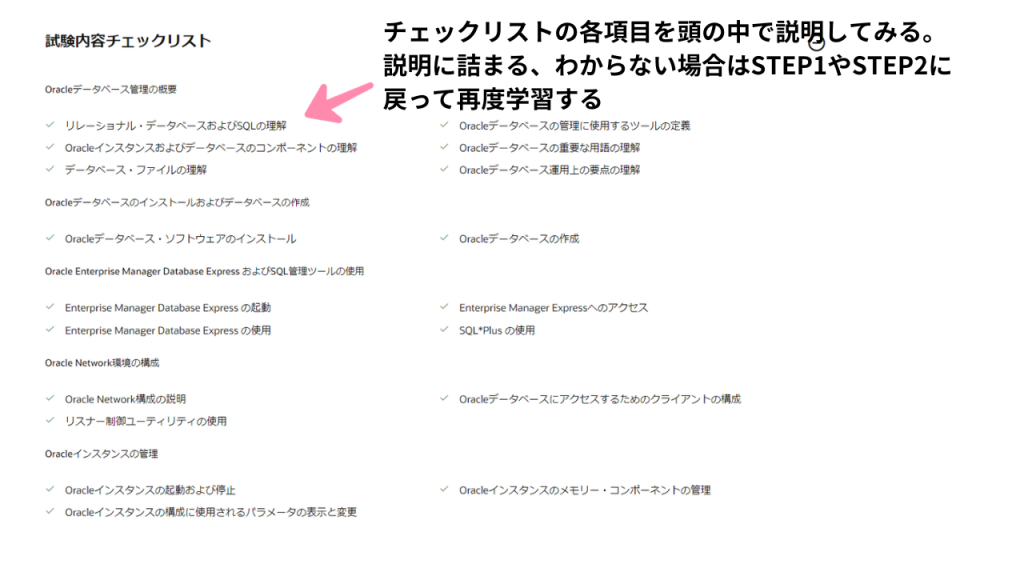 ORACLE公式試験チェックリストで不明点を洗い出す。