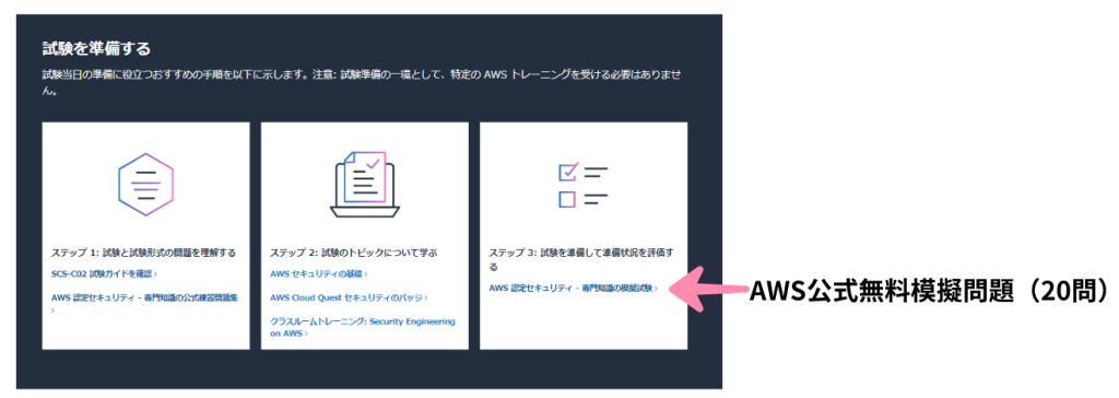 AWS公式無料模擬問題20問の受験方法説明