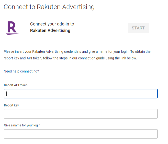 楽天広告のコネクターの入力画面（[Report API token]、[Report key]、[Give a name for your login]）