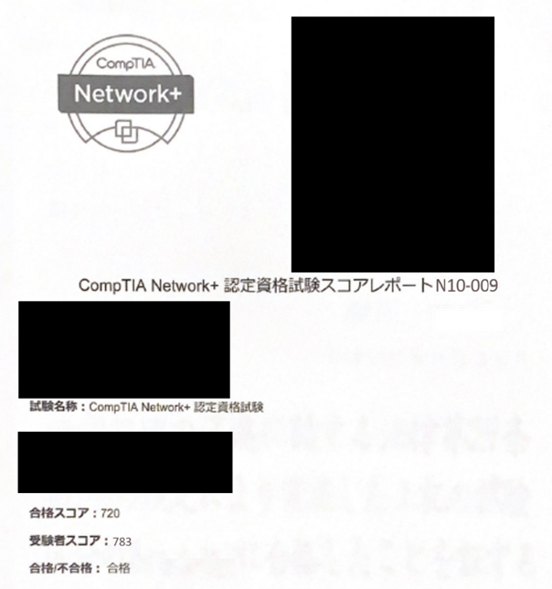筆者のCompTIA Network+スコア783点(720点合格)