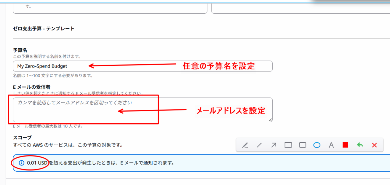 AWS Budgetsの予算作成画面に、録画しながら矢印・枠・文字を書き込んだところ