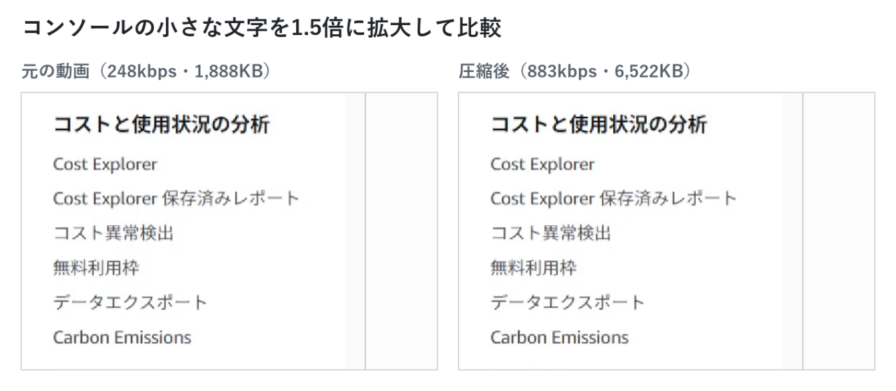 コンソールのメニューの文字を圧縮前後で比較。文字の潰れは見られない