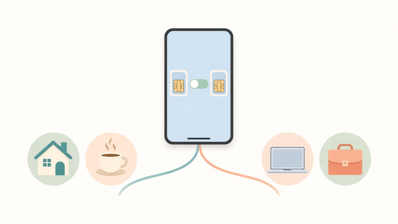 1台のスマートフォンから、プライベートと副業の2本の回線に分かれる図