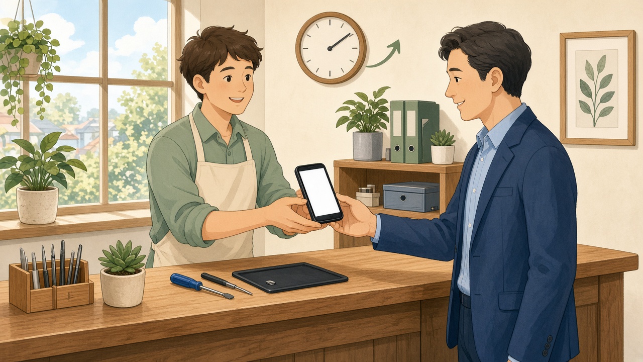 修理店のカウンターで画面がきれいになったスマートフォンを受け取る