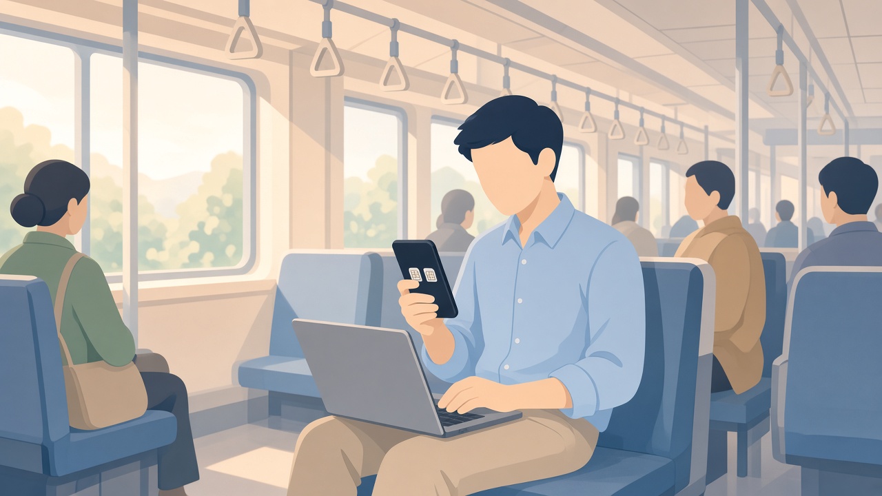 通勤電車の座席でノートPCを開き、スマートフォンの回線を切り替える会社員