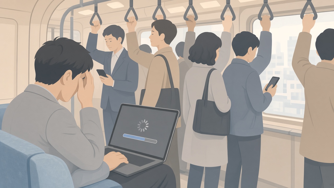 混雑した通勤電車でノートPCの処理が止まり困っている会社員