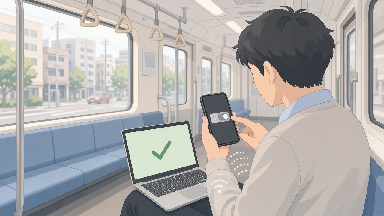 通勤電車でスマートフォンの回線を切り替え、Wi-FiテザリングでノートPCをつなぐ会社員
