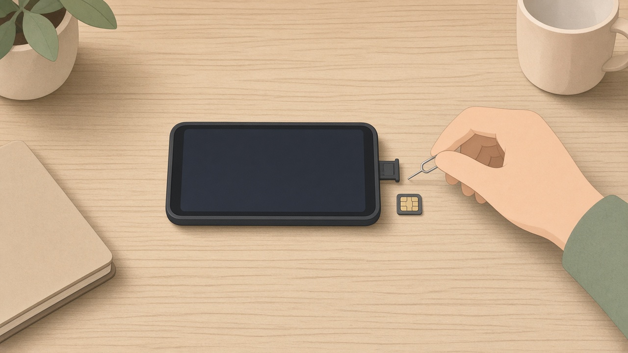 古いスマートフォンからSIMトレイを引き出し、SIMカードを抜き差しする場面